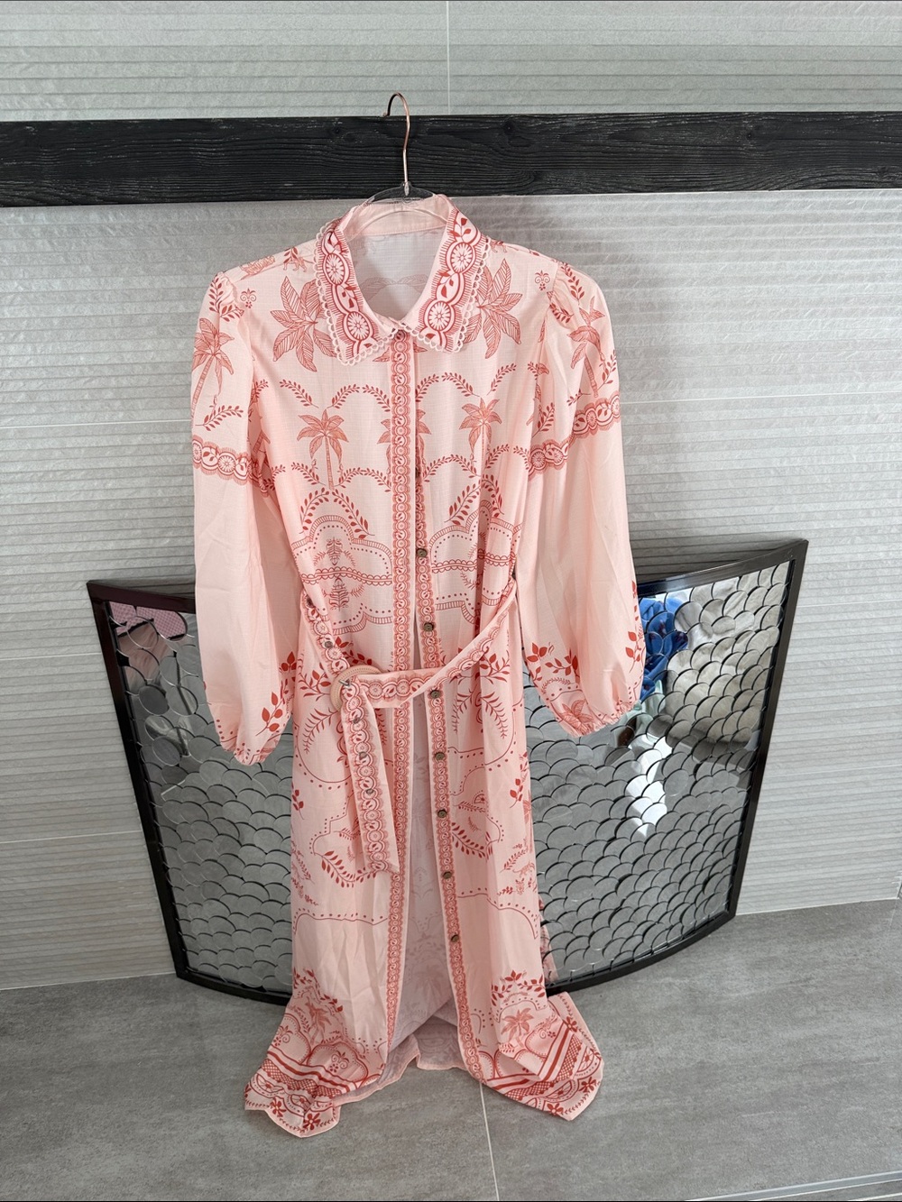 Chicwish Pink Eyelet-Print Belted Shirt Dress